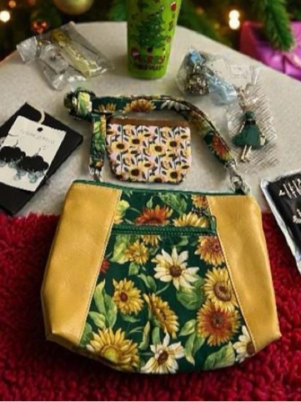 Handmade Sunflower Crossbody Bag Set Artisan Purse One of a Kind w mystery gifts